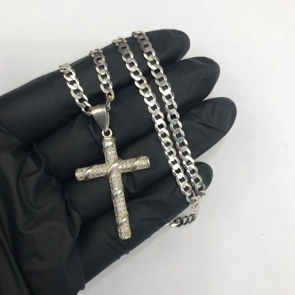Silver Cuban Chain Necklace with Pave Cross Pendant 925 Sterling Silver 20”